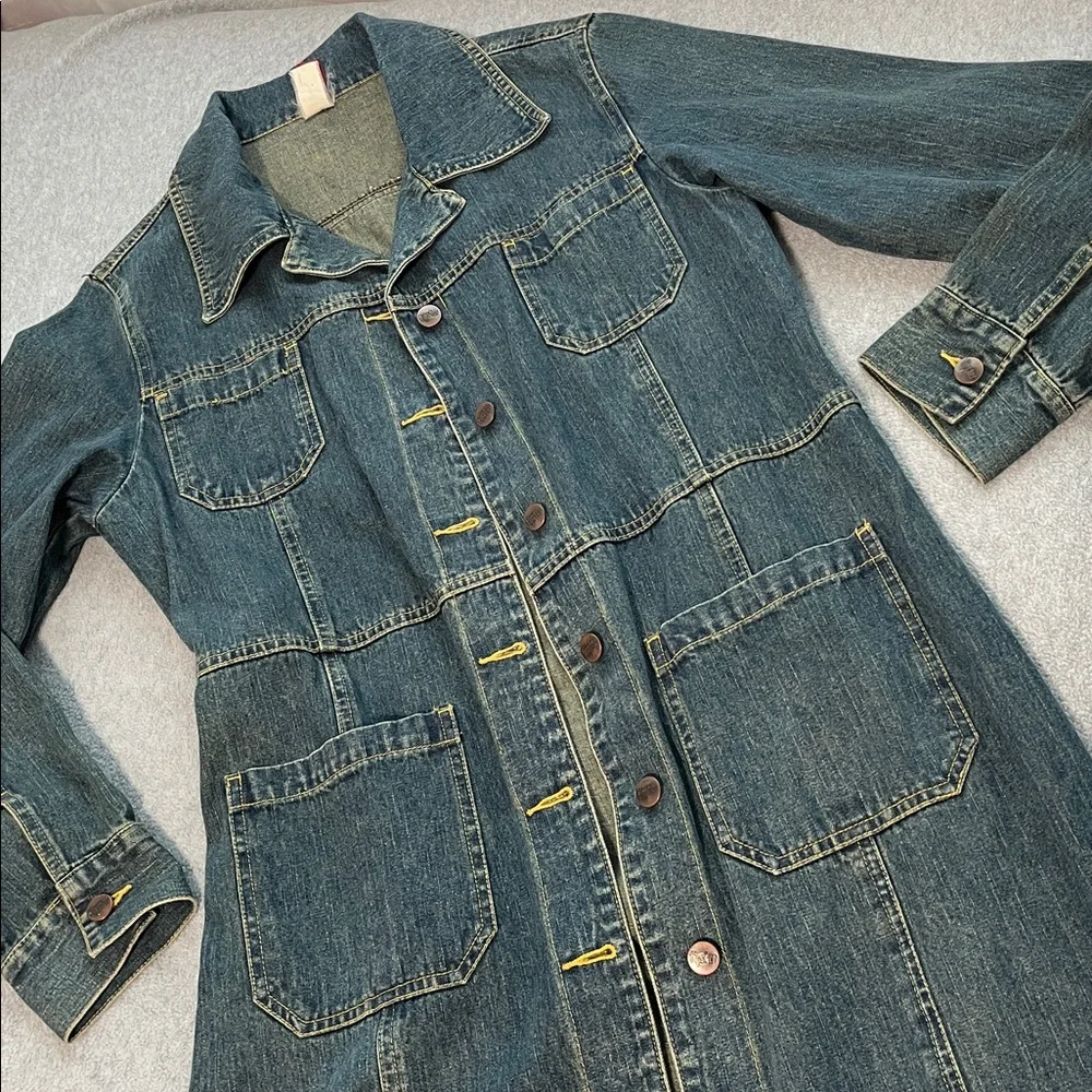 Vintage Y2K Duster Denim Jacket Coat Womens Medium Button Western Festival Long - Picture 2 of 13